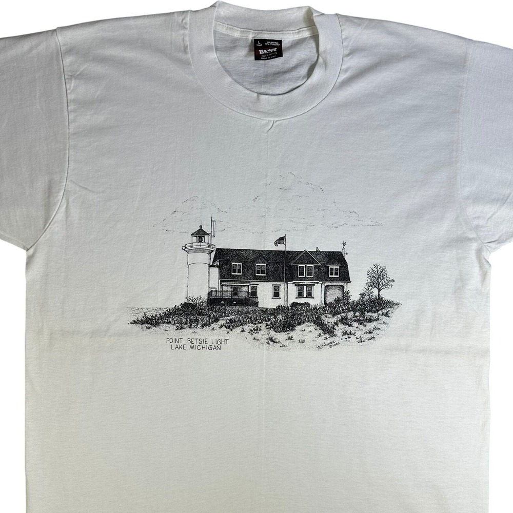 Vintage 1995 Point Betsie Light Lake Michigan T Shirt Mens Large White USA Made